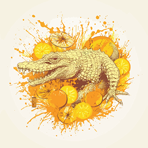 Design logo, explosion of lemons, with a crocodile in center, yellow and orange color palette, white background, drawing, universal, 4h, hd, vectoriel, delicate curves, ultra high detailed