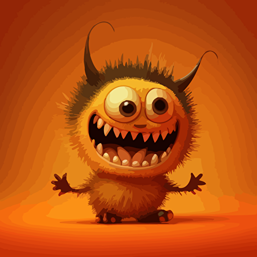 A scary baby fur monster, smiling, orange background, vector art , pixar style