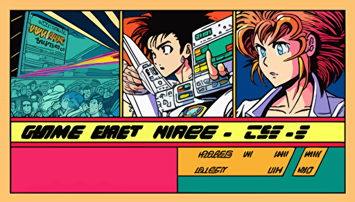 a panel from a Shōnen manga depicting a movie credits that read Late 1980s, color pop, flat vector art, bright colors, high resolution