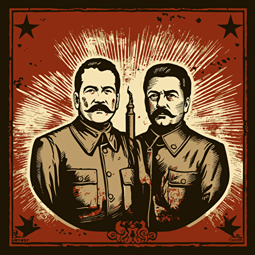 Lening and Stalin in Obey theme, holding stoves, vector, highly detailed, sign "1st may", gritty