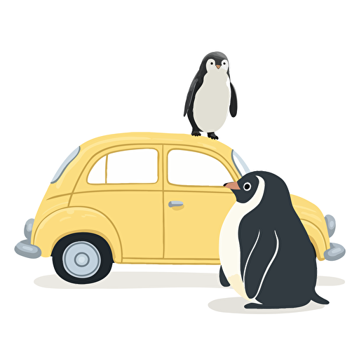 Vector date, w/b art, Fiat 500 with emperor penguin, Cute style, white background,