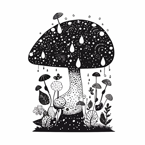 whimsical mushroom in style of charles williams, black and white, flat, vector, line drawling, white background ar 1:1