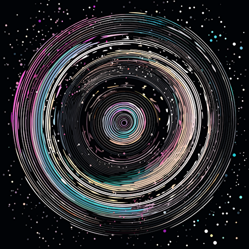 a galaxy pattern on a vinyl with star trails on black background, 2d vector