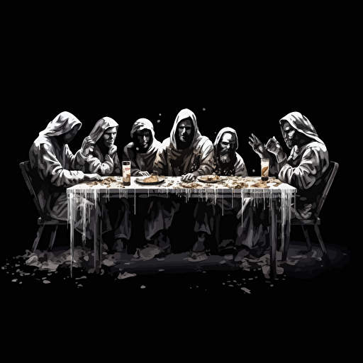 robbers, thieves and gangsters at the last supper. Money on the table. Highly detailed. Uhd. 16k vector image. Drawing. Black background. Paint drips.