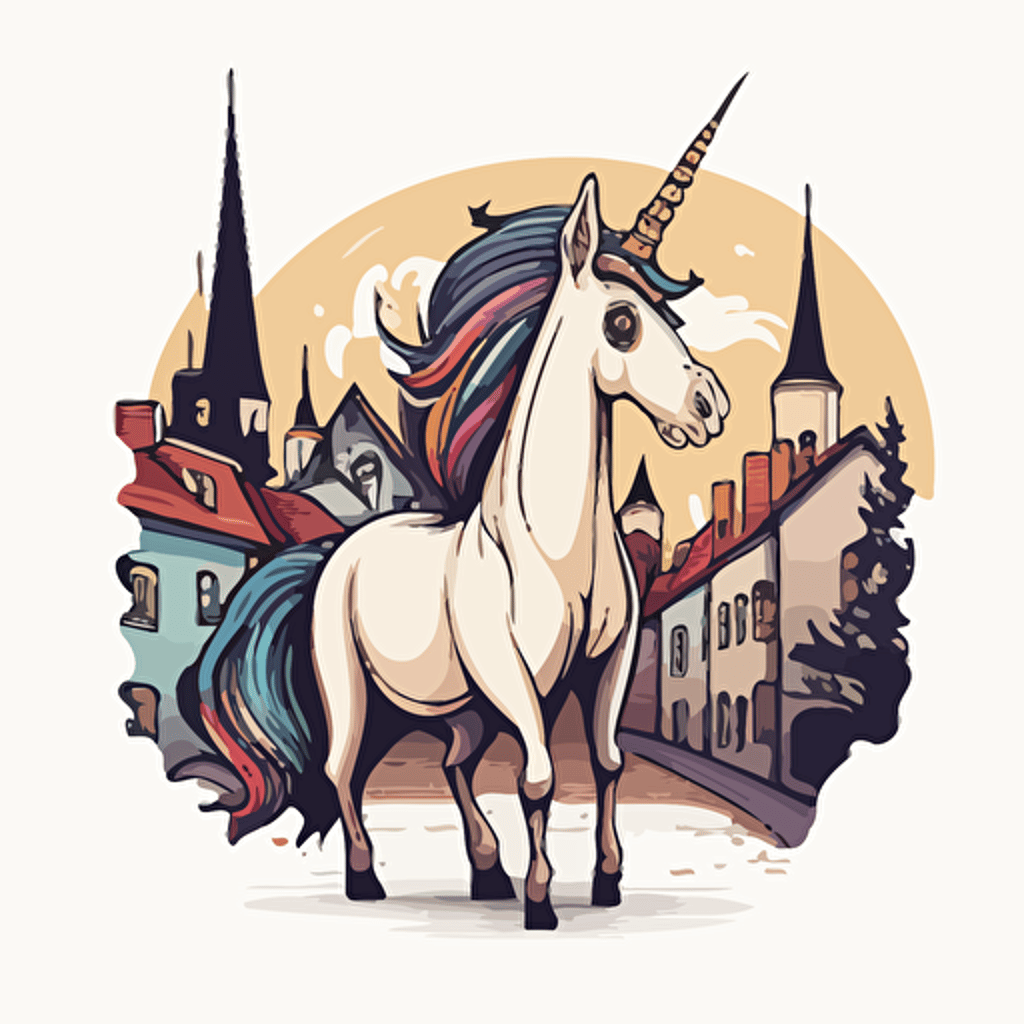 funny unicorn in the bad part of city, vector logo, vector art, emblem, simple cartoon, 2d, no text, white background