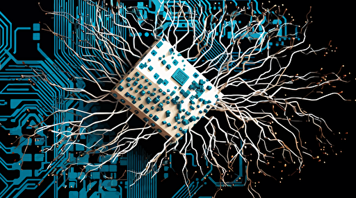 a CPU exploding into an interconnected network of neurons, vectorized, blue and white color palette