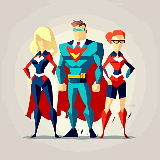 team of young office workers as superheroes, dramatic pose, white background, vector illustration