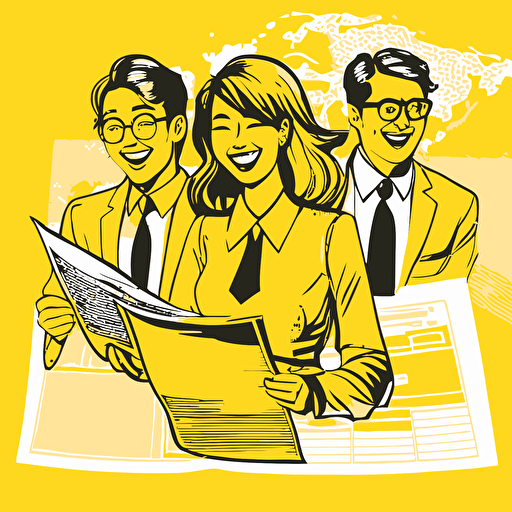 Vector illustration, black outline, office background is yellow tone on tone, medium shot, 3 people, office look, cheerful pose, today's employed Koreans, young people