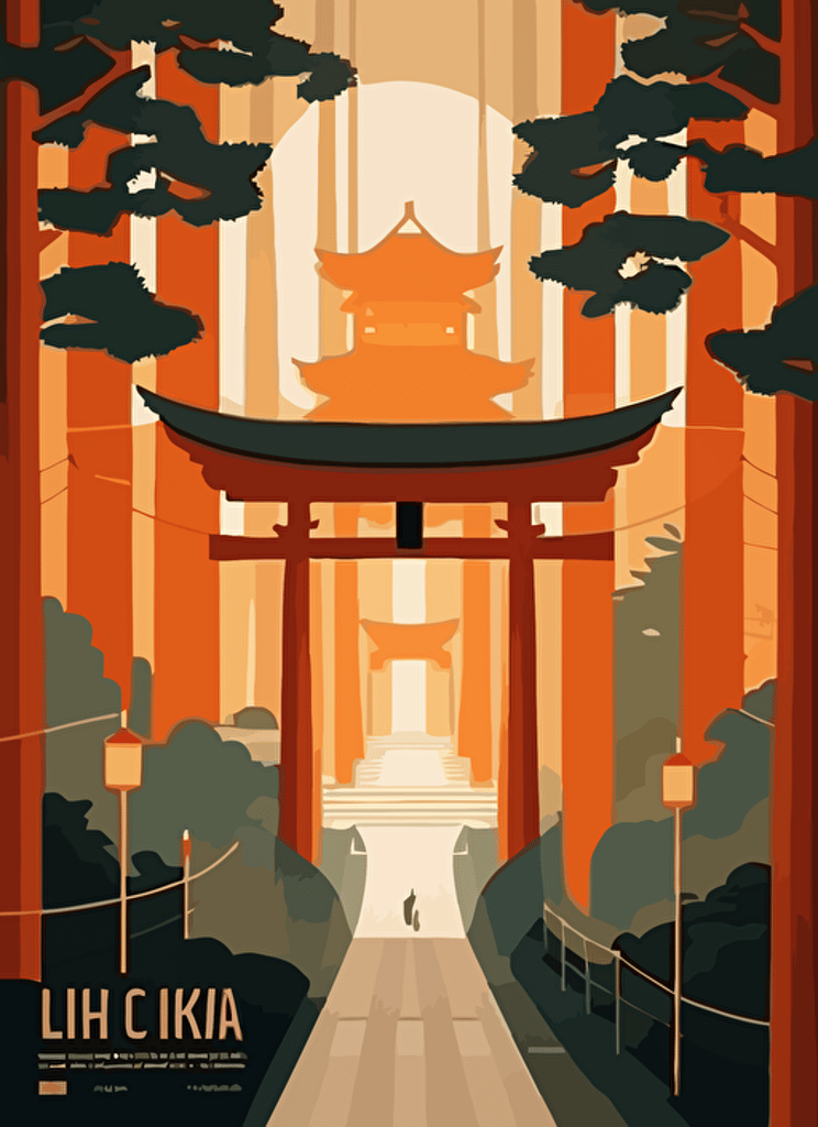 Step into a mystical and otherworldly realm with our travel poster of the iconic Fushimi Inari Taisha shrine gates. Bathed in soft golden light with a mix of orange and red tones, this vector flat illustration will transport you to Kyoto.