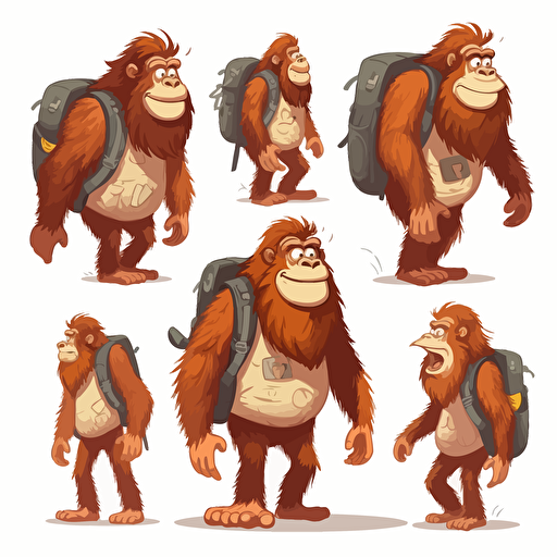 cute childish bigfoot looking straight ahead with a school bag on his back, vector style, multiple poses and expressions, white background