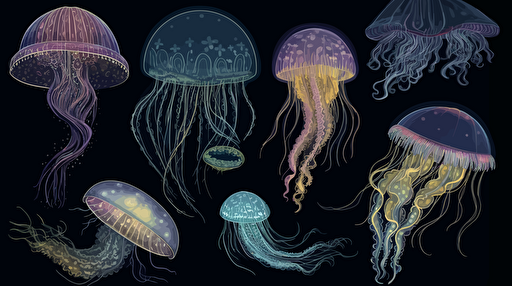 set of different jelly fish and mollusks set on black background stock vector illustration, in the style of franklin carmichael, mysterious seascapes, detailed painting, robert bissell, light emerald and indigo, ultrafine detail, depiction of animals