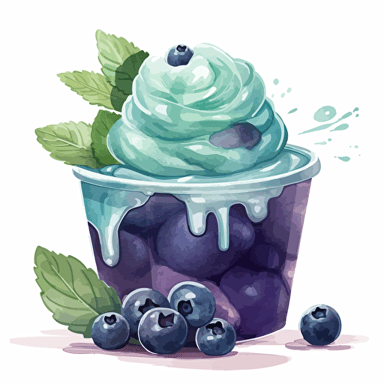: An illustration of a blueberry and yogurt mousse with blueberry puree and mint leaves on top, in watercolor style, as a die-cut sticker design, vector format, on a white background. The mousse is in a clear square mica plastic cup, the mint leaves are on top, and the blueberry puree is drizzled over the top of the mousse. The watercolor style is loose and flowing, with a focus on blending and texture, and the colors are vibrant and fresh.