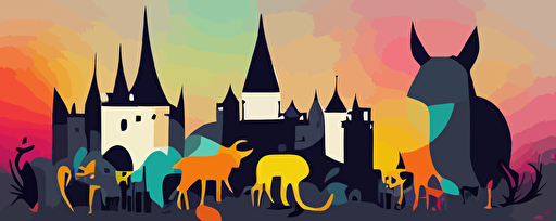 street art, vector, lots of animals in a magical world, castle, detailed, creatures highlight