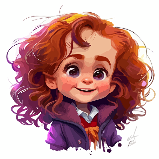 A saturated colorfull baby fur hermione granger, goofy looking, smiling, white background, vector art , pixar style