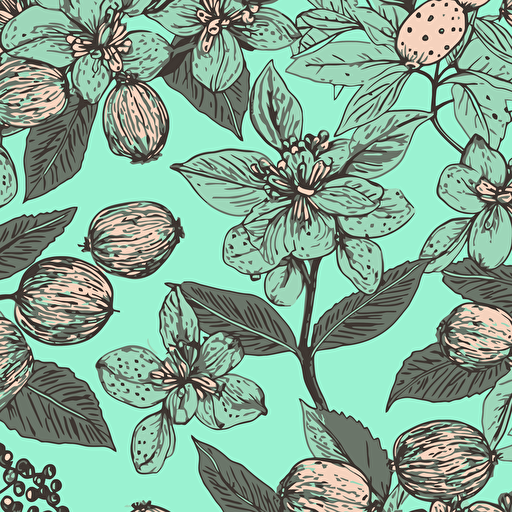 Shea seeds and shea plants, fabric print in vibrant christmas themed colors vector pattern light mint color background
