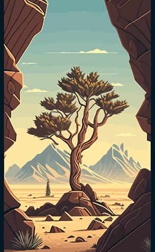 in a painting of a tree in desert landscape, you can see mountains, and landscape in the background, in the style of dan mumford, simplistic vector art, guatemalan art, ivan fedorovich choultse, fine art, super detailed