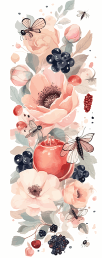 watercolor vector art, pastel colors,abstract, cozy, cottagecore, pretty stylish black picks strawberries, flowers, butterflies, apple trees, summer, bees,