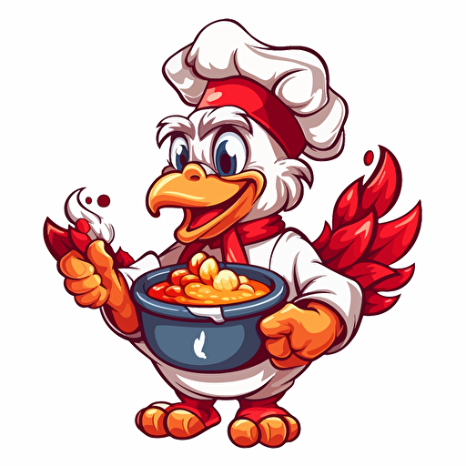 vector 2d sould food chicken mascot. wearing red and white clothing. holding a flaming pot of fried foods and vegetables