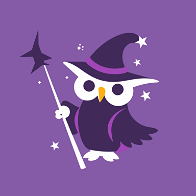 simple flat side profile candid silhouette of a flying owl wizard in a wizard hat holding a wand, vector style, tech logo, fun, dribbble, expensive, premium, purple, stars, no shading,
