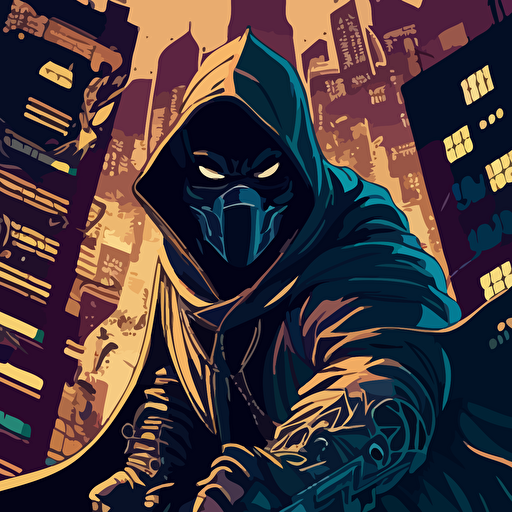 Drawing from the classic superhero comics, design a vector illustration of Satoshi Nakamoto as a masked vigilante, fighting to protect the world of decentralized finance from villains attempting to manipulate the system. Set the scene in a futuristic cityscape.