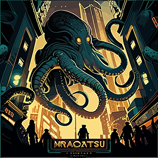 majestic octopus poster, vector, in the style of Martin Ansin + Dan mumford + Shepard Fairey