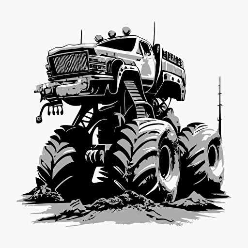 black and white Big Foot monster truck parked on crushed 1980's cars, vector clip art style undetailed