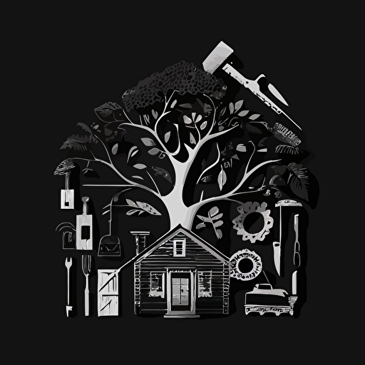 iconic logo of a house, tree, and tools, white vector, on black background.