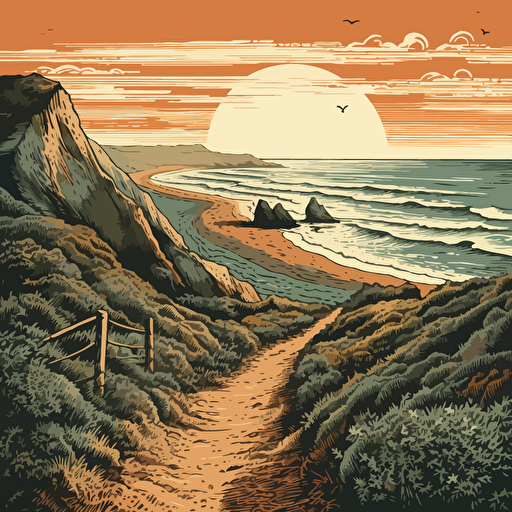 dirt path leading from cliff down to lost coast beach, sun on the horizon, sunset, large waves crashing in the ocean, evenly distributed swells in the distance, vectoral art, 70s pop art,