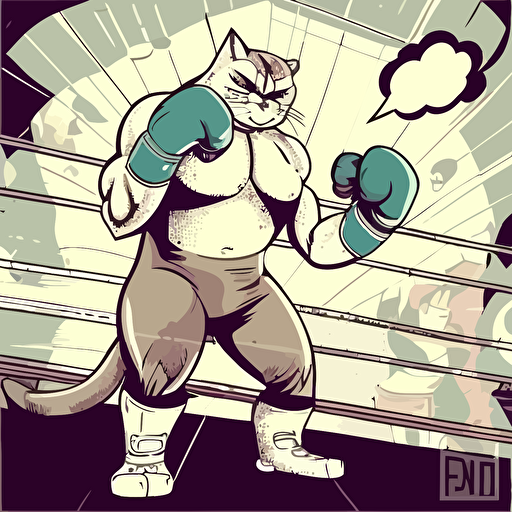 The cat is boxing in the fitness gym. Illustration in vector, clear tones.
