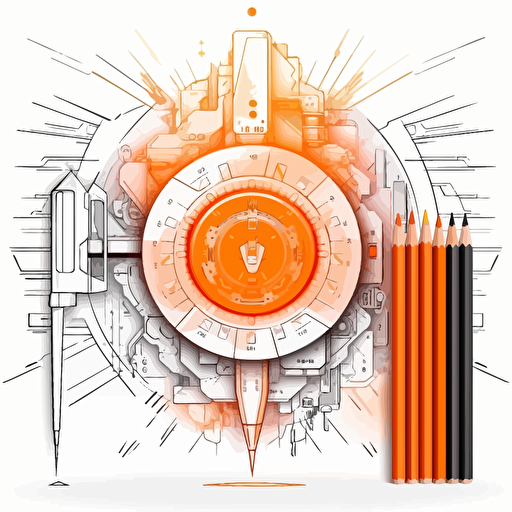 2D vector pencil and timer in minimalism cyberpunk style and in orange colors. Background white