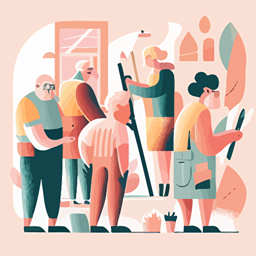 a group of people in their fifties working on a community project, smiling, pastel colours, abstract vector illustration style