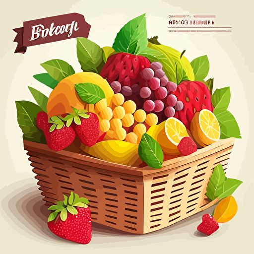 A vector logo design of a fruit basket overflowing with fresh fruit like raspberries, strawberries, and mangoes, to showcase the use of high quality ingredients.