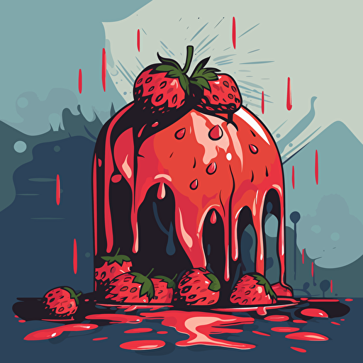 simple painting of a delicious strawberry melting away into the scene, simple form background, leave a lot of negative space, liquid, vector, desaturated colour drips, graffiti, artificial, highres