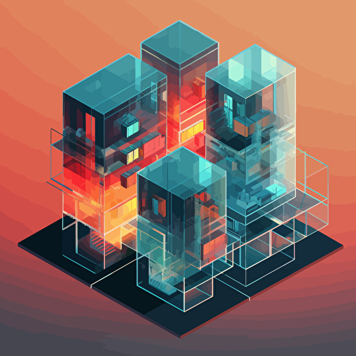 visualize interconnected data as multilevel isometric building with glass windows, vector shapes