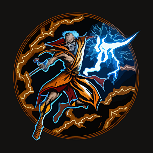 A_coin_emblem_logo_for_a_Old Mage with a lightning staff in an action pose, Above waist only, code style, color, vector