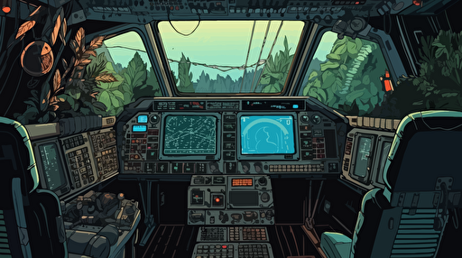 the spaceous cockpit inside a space shuttle that just landed on a foreign jungle planet, complex computers and data instruments line the walls, you can see parts of the jungle planet looking outside of the windows in the cockpit, vector illustration