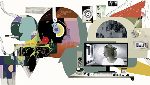 mixed media collage of user-testing, slightly arty, white space, vectorize, flat colour