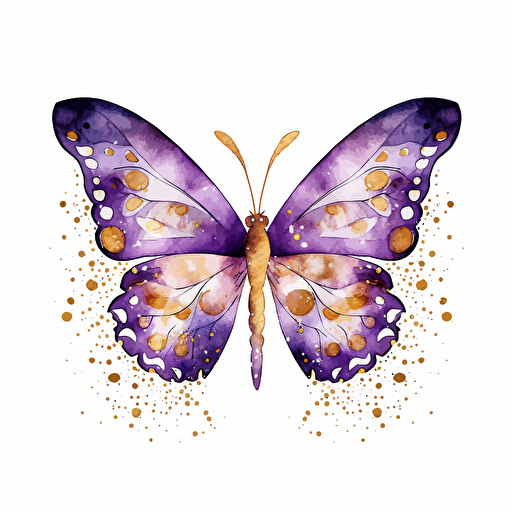 whimsical and cute watercolor butterfly design in purple and gold, vector