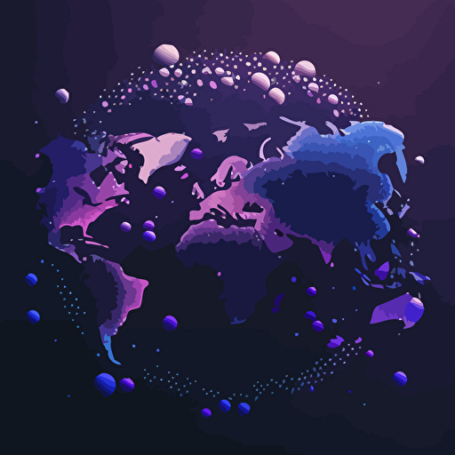 a dark blue background with the earths map created using white dots to make the shapes of the continent with purple user avatars in circles scattered around with a light blue line bouncing between them. Flat vector, ar 16:9