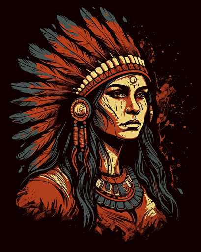 Art style, beautiful native american girl with a chief headress, logo vector