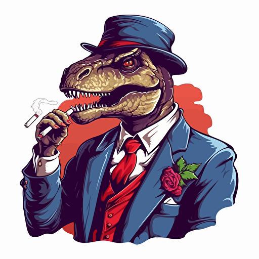 T-rex smoking a cigar wearing a suit, big colour design, on blank white background, vector art, 2d