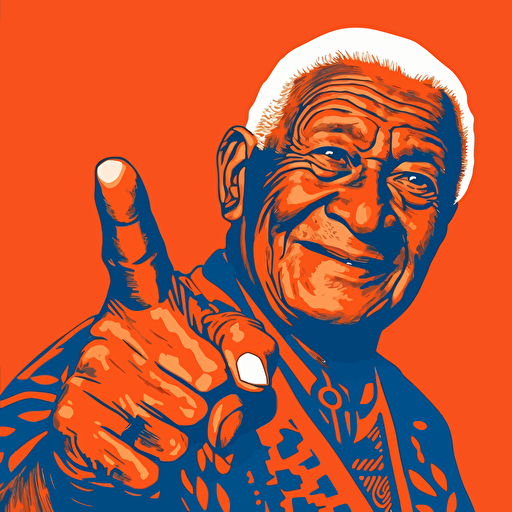 elderly polynesian man smiling pointing towards sky simple flat vector happy colours low camera view