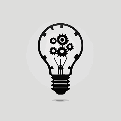minimalist, modern iconic logo of a lightbulb with gear or cogs, black vector, on white background