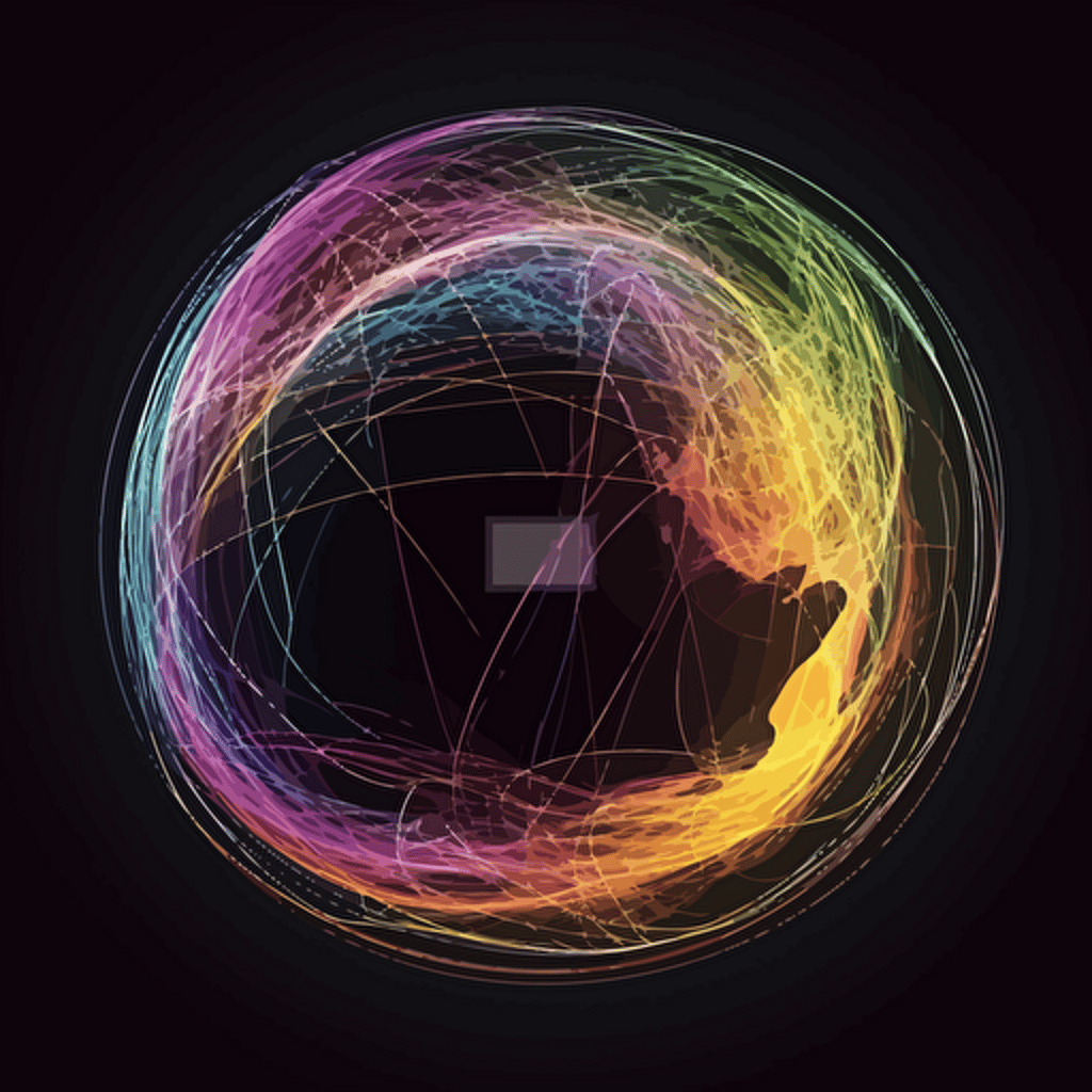 earth on black background, 2d vector, light trails, purple, yellow, white, orange, green and pastel colors