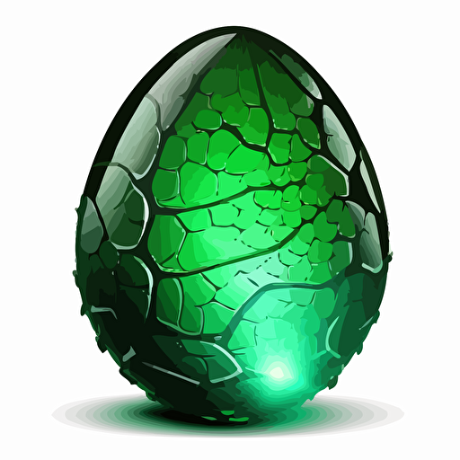 A glowing, green, magical dinosaur egg with no background. Mid-detail vector illustration. PNG image.