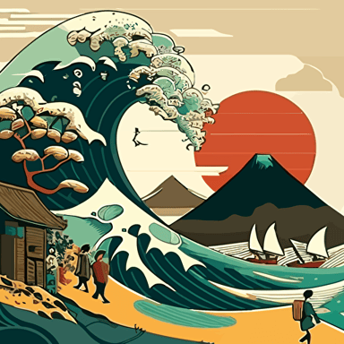Influenced by Hokusai's "The Great Wave off Kanagawa," design a vector illustration of a coastal village with people enjoying a sunny day at the beach, with a stylized wave approaching the shore in the background.