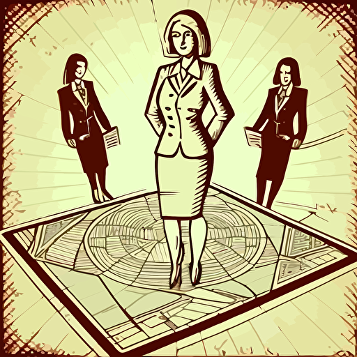 businesswomen at the top in carpet floor, detailed outline vector illustration