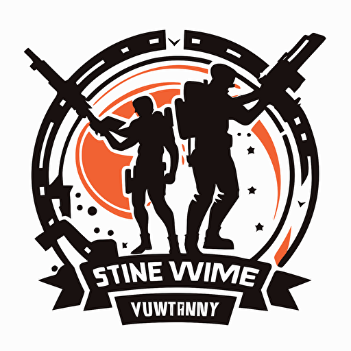 a simple emblem for an esports gaming tournament with two androgenous silhouettes of gamers, white background, weapons, video games, FPS, fortnite, among us, 1v1, youtube, twitch, mrbeast, silhouettes, flat, vector