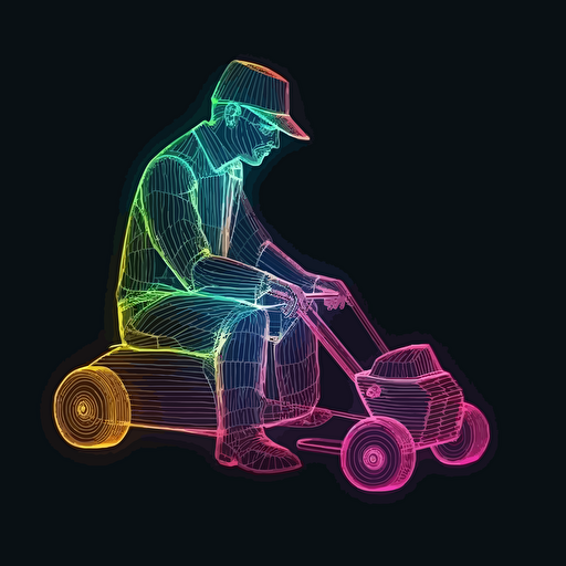 psychedlic neon wireframe lowpoly vector of man mowing his lawn on black background