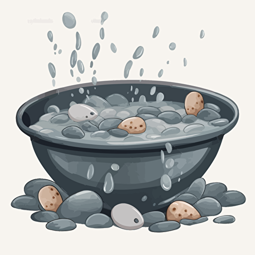 vector art illustration of a water soup with grey pebble stones in it for a kids book, white background,